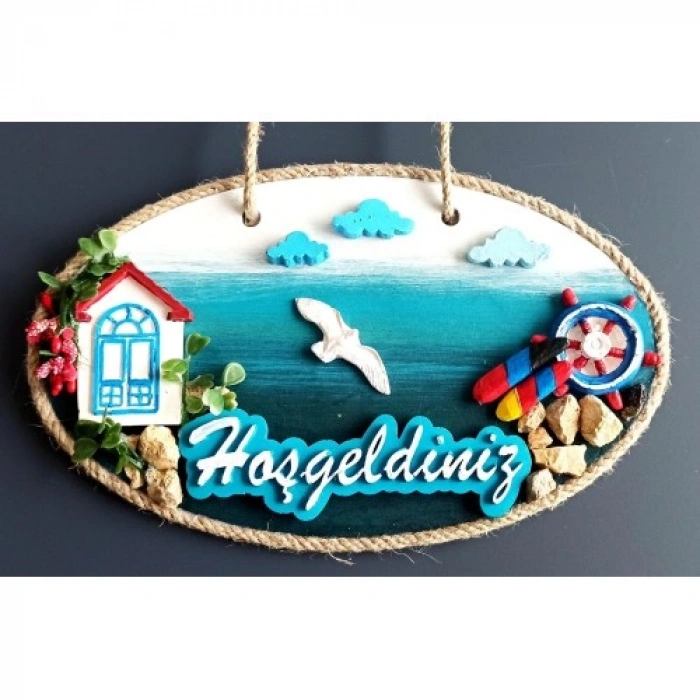 VipMarketim Sahil Kasabası Hoşgeldiniz Yazılı El Yapımı Kapı Süsü