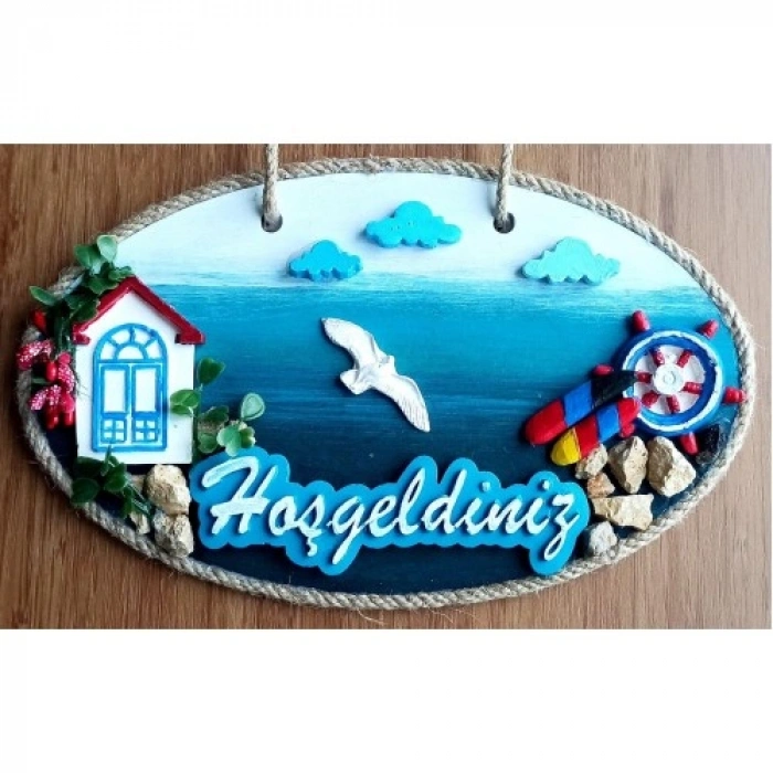 VipMarketim Sahil Kasabası Hoşgeldiniz Yazılı El Yapımı Kapı Süsü