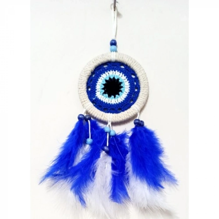 VipMarketim Saks Mavisi Kuş Tüylü Nazar Boncuğu Motifli El Yapımı Duvar Süsü