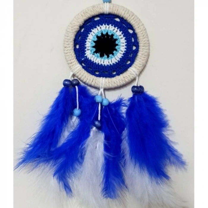 VipMarketim Saks Mavisi Kuş Tüylü Nazar Boncuğu Motifli El Yapımı Duvar Süsü