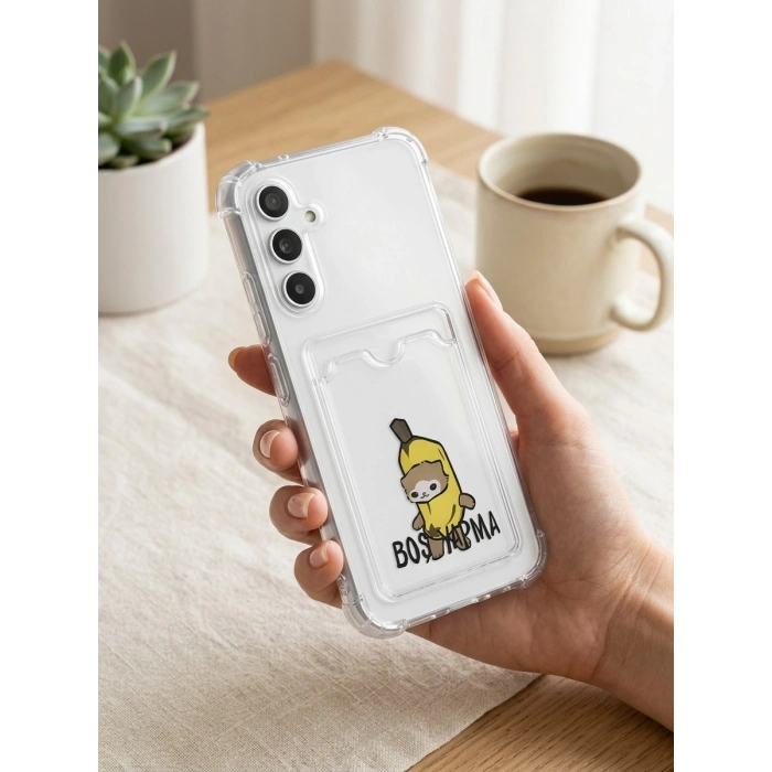 VipMarketim Samsung Galaxy A54 Boş Yapma Muz Detaylı Kart Bölmeli Şeffaf Telefon Kılıfı