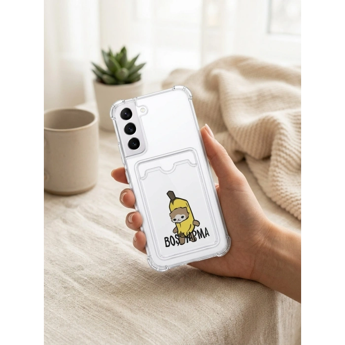 VipMarketim Samsung Galaxy S22 Boş Yapma Muz Detaylı Kart Bölmeli Şeffaf Telefon Kılıfı