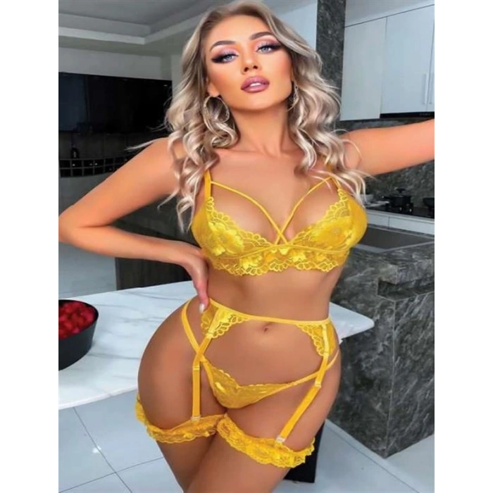 VipMarketim  Sarı Göğüs İp Detaylı Fantezi Jartiyer Takım