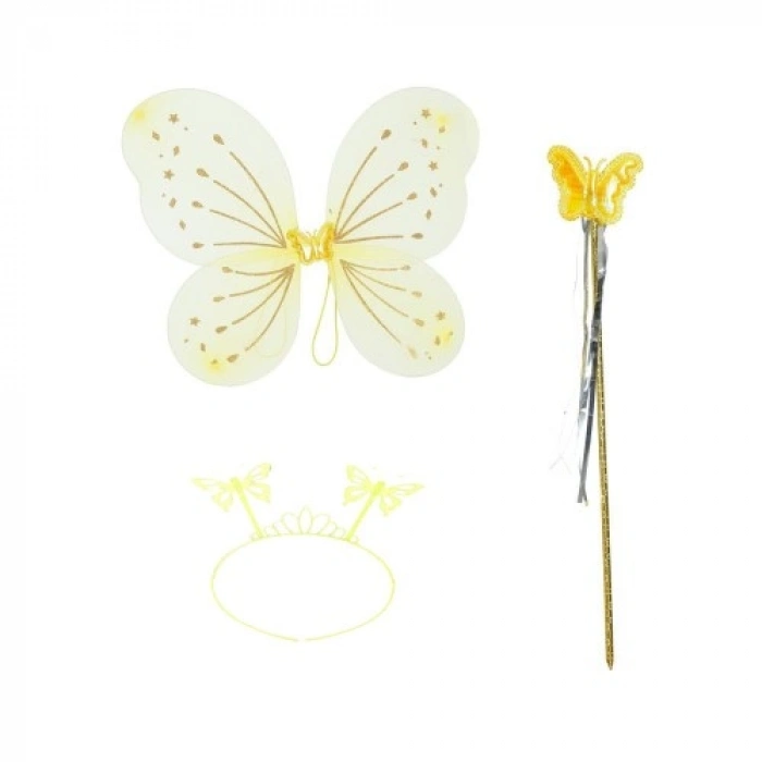 VipMarketim Sarı Kelebek Erkek-Kız Seti – 50 cm Kelebek Kanadı, Taç ve Asa