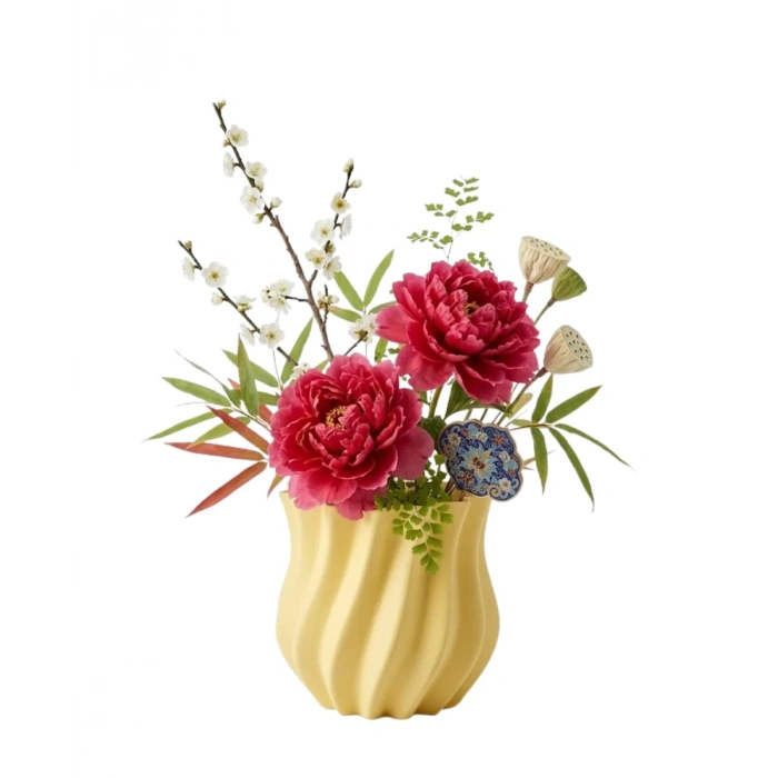 VipMarketim Sarı Kıvrımlı 3D Vazo Estetik Modern Ev ve Ofis Dekoru