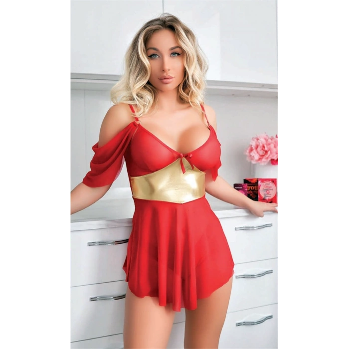 Vipmarketim Sarı Kuşak Detaylı Fantezi Kırmızı Gecelik