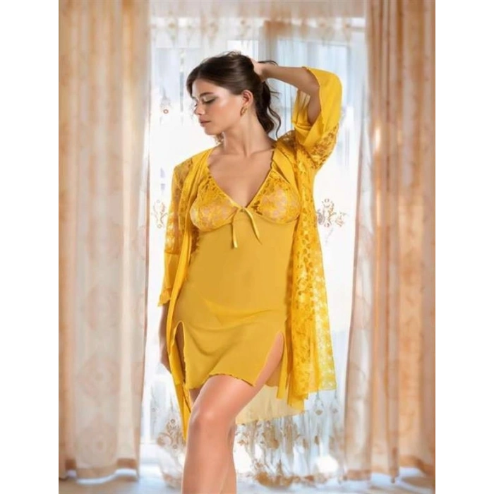 VipMarketim  Sarı Transparan Dantel İşlemeli Tül Yırtmaçlı 2li Gecelik Takımı