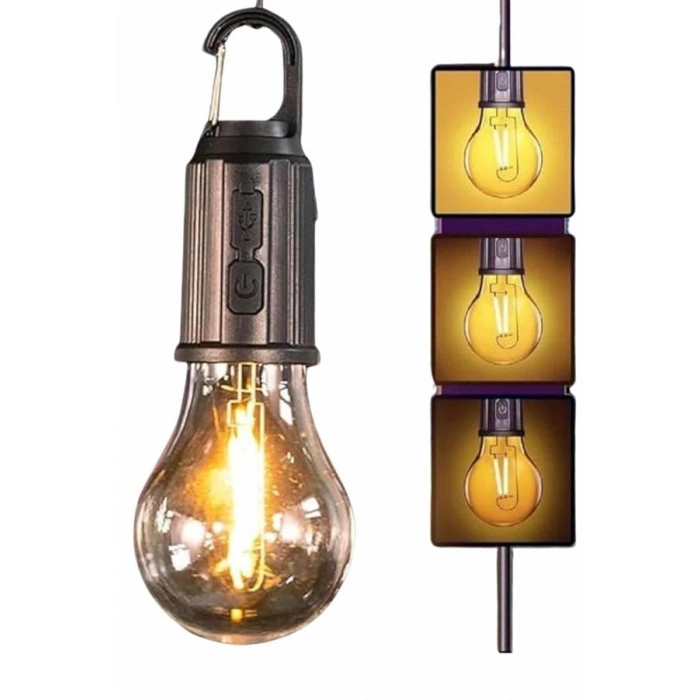 VipMarketim Şarjlı Dekoratif Kamp Lambası Askılı Ampul Led Işık Type-C Girişli