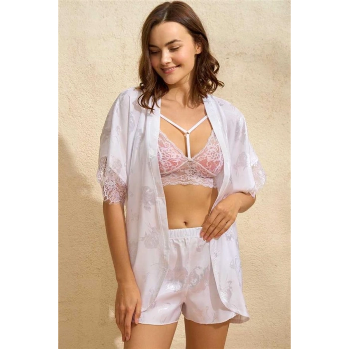 VipMarketim Saten Bride Baskılı Dantelli Sabahlık Balensiz Desteksiz Dolgusuz Bralet Sütyen Ve Şort 3Lü Takım