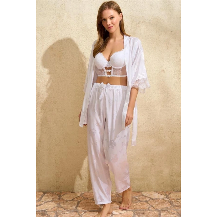 VipMarketim  Saten Çiçek Desenli Dantelli Sabahlık Balenli Destekli Dolgulu Büstiyer Sütyen Ve Pantolon Pijama 3lü Takım