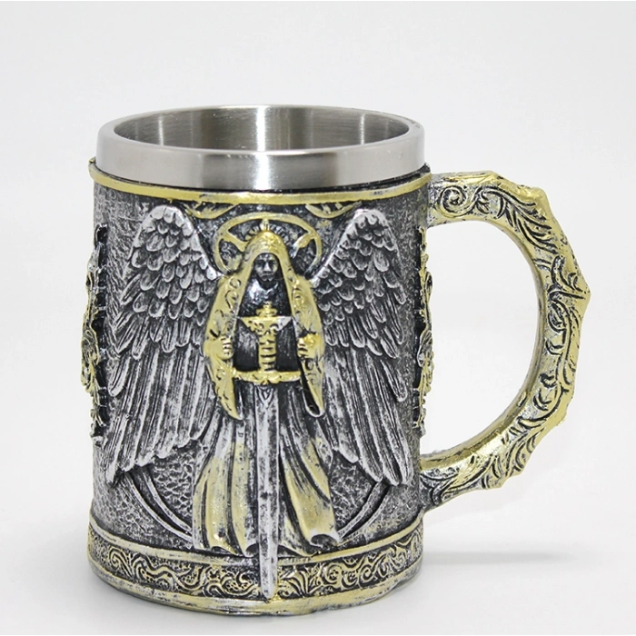 VipMarketim Savaşçı Melek Kanatlı 3D Kabartmalı Paslanmaz Çelik Kupa