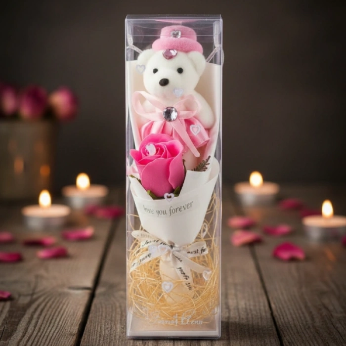 VipMarketim Şeffaf Kutulu Ayıcıklı Gül Buketi