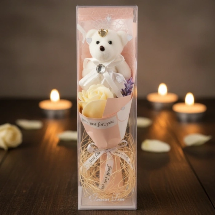 VipMarketim Şeffaf Kutulu Ayıcıklı Gül Buketi