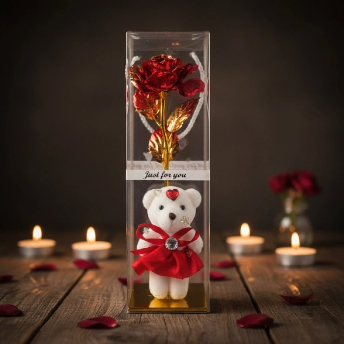 VipMarketim Şeffaf Kutulu Ayıcıklı Sonsuzluk Gülü