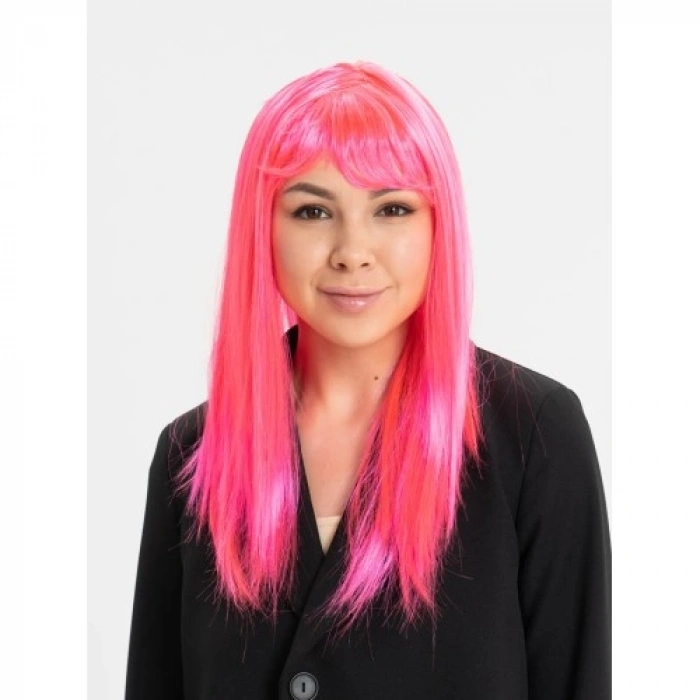 VipMarketim Şeker Pembesi Koyu Pembe Renk Uzun Düz Parti Peruğu
