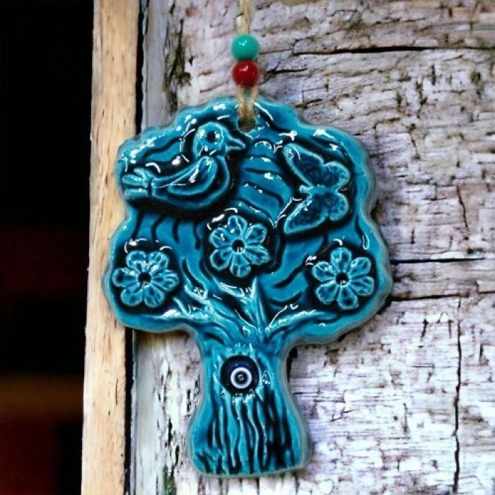 VipMarketim Seramik Kuşlu Nazar Boncuklu Ağaç Modelli Duvar Süsü