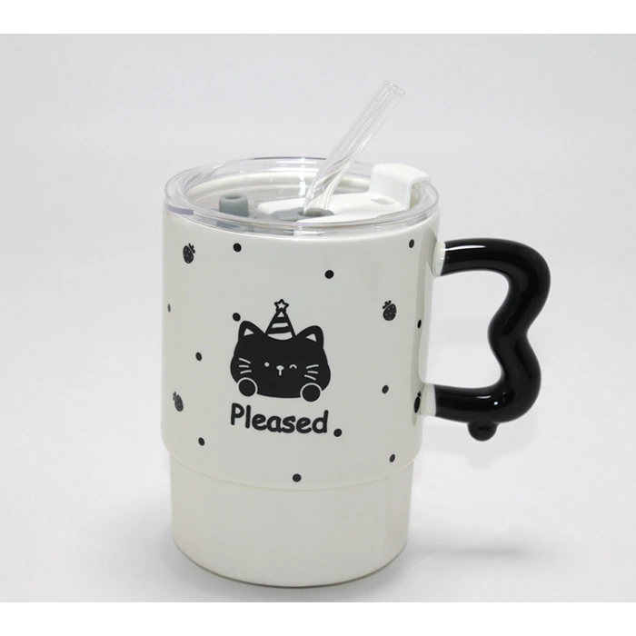 VipMarketim Sevimli Ayı Figürlü Pipetli Kapaklı Porselen Kupa Bardak