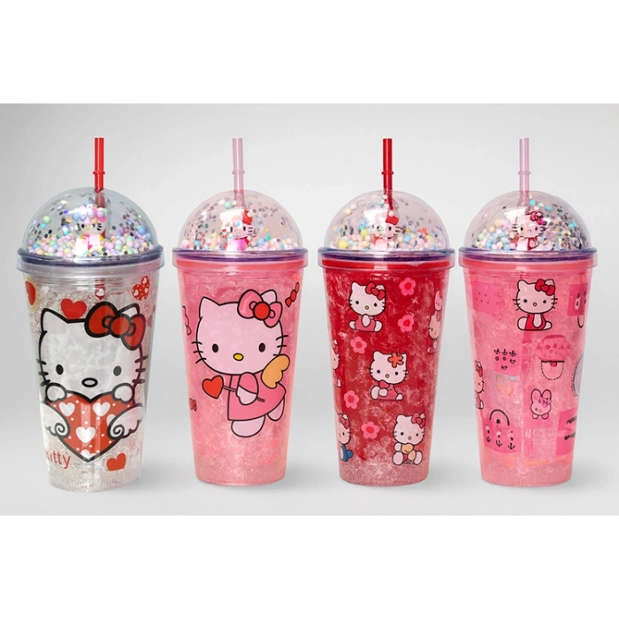 VipMarketim Sevimli Hello Kitty Pipetli Işıklı Boncuklu Suluk Bardak 400 ml
