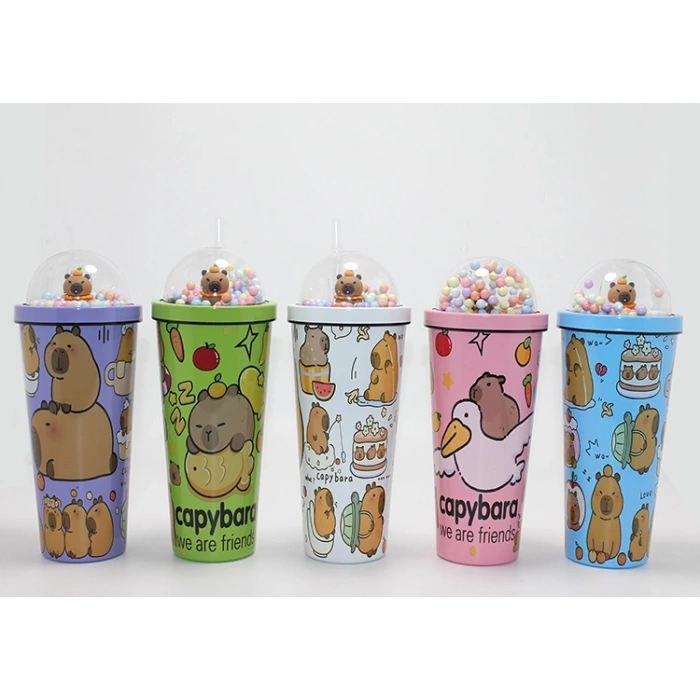 VipMarketim Sevimli Kapibara Pipetli Boncuklu Termos & Suluk