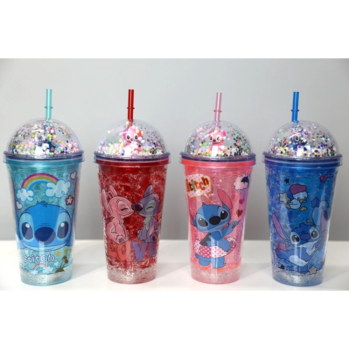 VipMarketim Sevimli Stitch Pipetli Işıklı Pullu Suluk Bardak 400 ml