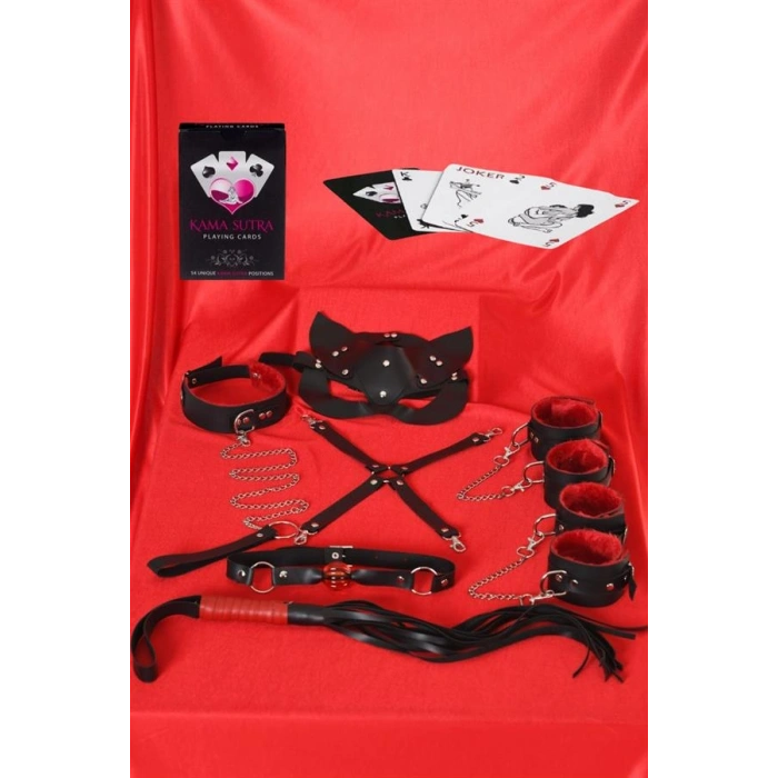 VipMarketim  Sexy Görselli Oyun Kartı Kama Sutra 7li Kırmızı Siyah Harness Set