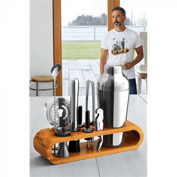VipMarketim Shaker Kokteyl Set - 10 Parça 750 ML Shaker Coctail Set Bambu Standlı