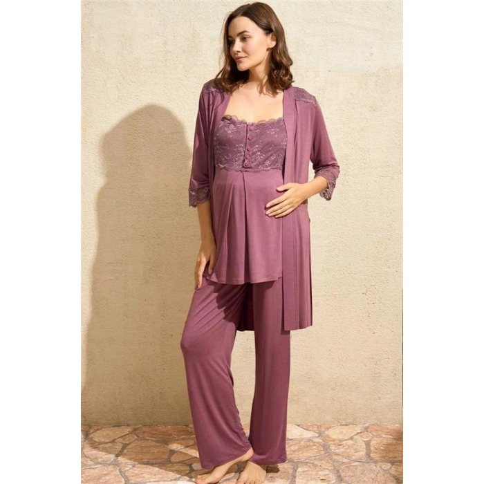 Vipmarketim Sıfır Kol Oyuk U Yaka Viskon Düz Yazlık Uzun Dantel Detaylı Hamile Pijama Takımı Sabahlık Anıl (kod:5778)