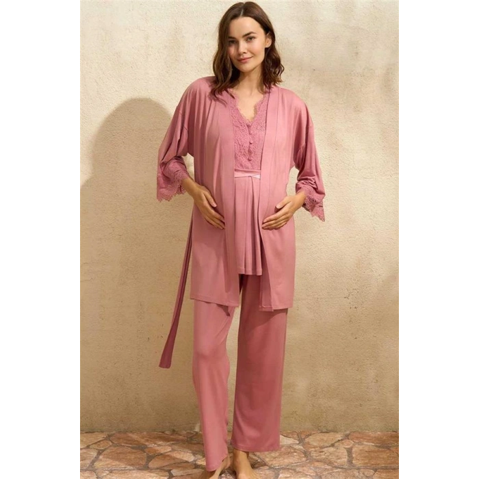 VipMarketim Sıfır Kol V Yaka Kadın Viskon Düz Yazlık Uzun Dantel Detaylı Hamile Pijama Takımı Sabahlık