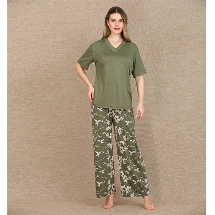 Vipmarketim Şık Tasarım Çiçek Desenli Yeşil Kısa Kol Viskon Pijama Takımı