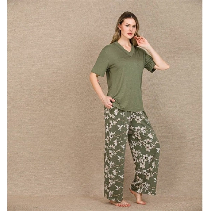VipMarketim Şık Tasarım Çiçek Desenli Yeşil Kısa Kol Viskon Pijama Takımı
