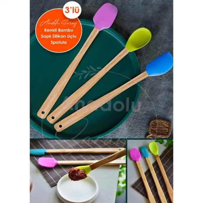VipMarketim Silikon Uçlu Isıya Dayanıklı Bambu Spatula 3lü Set