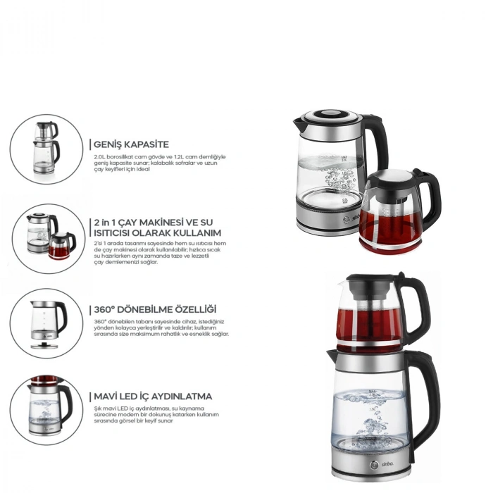 VipMarketim Sinbo 2si 1 Arada Çaycı - Kettle - 2.0L + 1.2L Kapasite - Cam Gövde