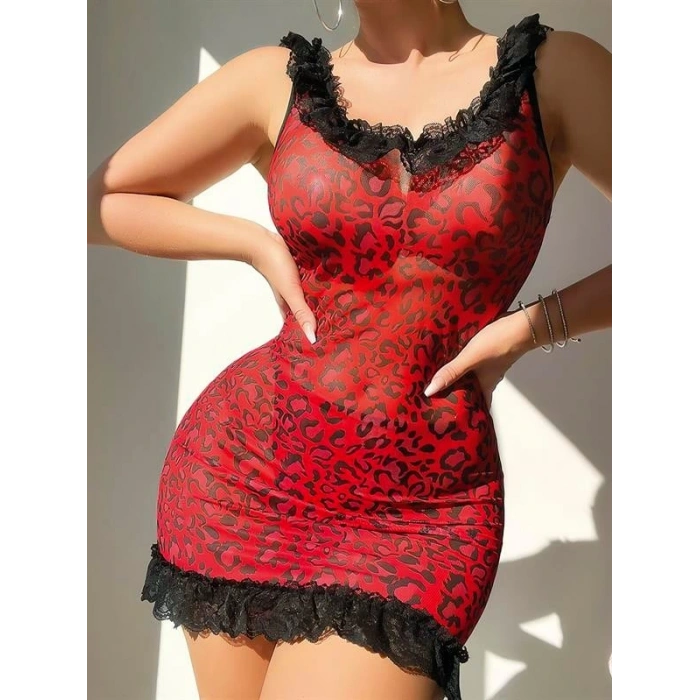 VipMarketim  Sırt Dekolteli Kırmızı Leoparlı Gecelik