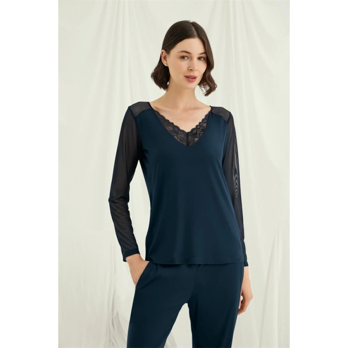 Vipmarketim Sırt Dekolteli Uzun Kollu Tüllü Ve Dantelli Pijama Takımı