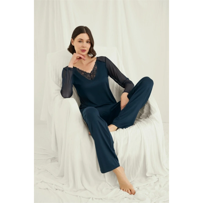 VipMarketim Sırt Dekolteli Uzun Kollu Tüllü Ve Dantelli Pijama Takımı