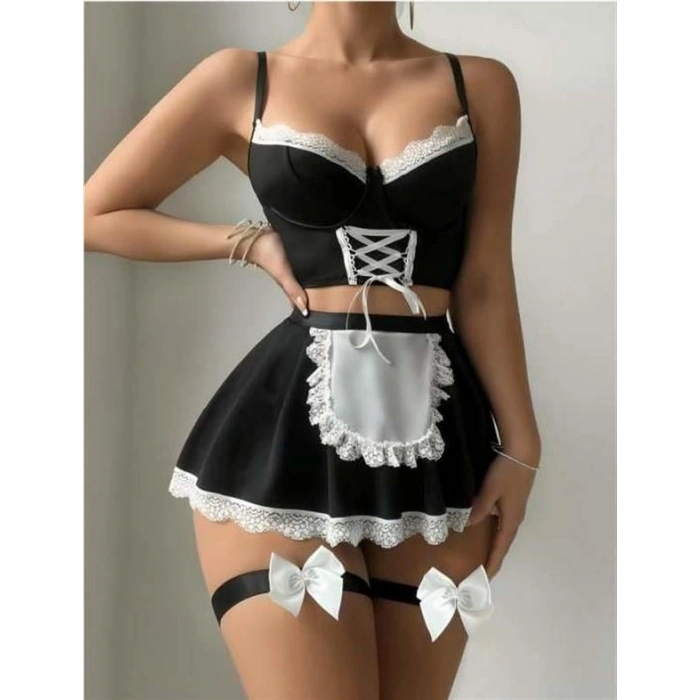 VipMarketim  Siyah Beyaz Bacak Aksesuarlı Büstiyerli Fantezi Hizmetçi Kostümü