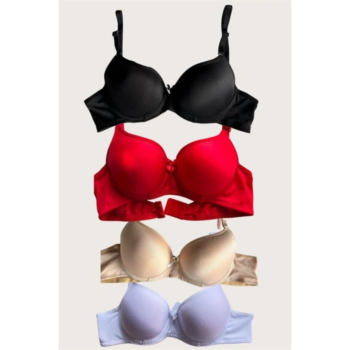 VipMarketim Siyah-Beyaz-Kırmızı-Ten 4Lü Dolgulu Push Up Micro Balenli Günlük Tek Destekli Sütyen