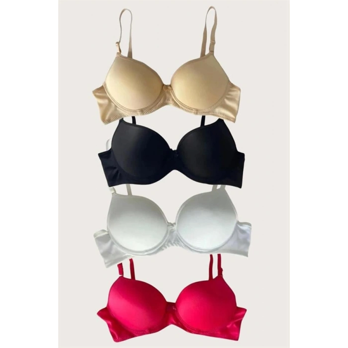 VipMarketim Siyah-Beyaz-Kırmızı-Ten 4Lü Dolgulu Push Up Micro Balenli Günlük Tek Destekli Sütyen
