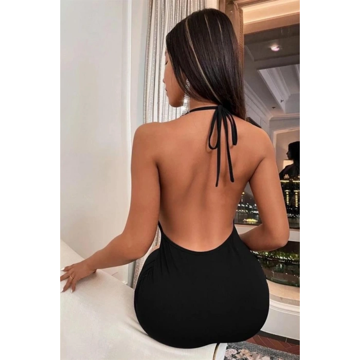 VipMarketim  Siyah Boyundan Bağlamalı Sırt Dekolteli Mini Club Elbisesi