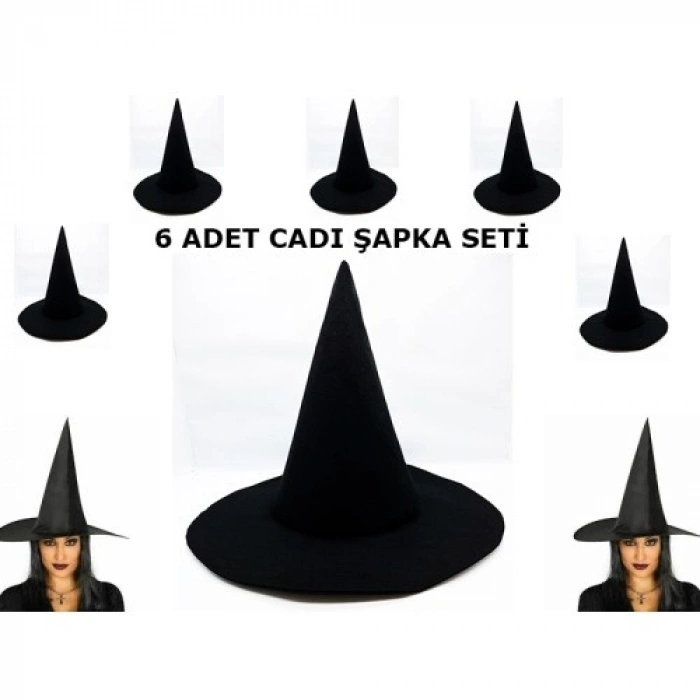 VipMarketim Siyah Cadı Şapkası Keçe Yetişkin Boy 6 Adet