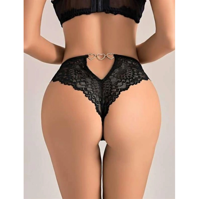 VipMarketim  Siyah Dantel İşlemeli Arkası Kalp Detaylı Fantezi String Tanga