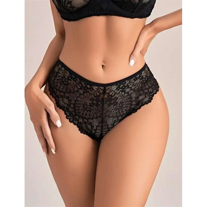 VipMarketim  Siyah Dantel İşlemeli Arkası Kalp Detaylı Fantezi String Tanga