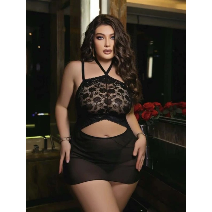 VipMarketim  Siyah Dantel İşlemeli Göğüs Dekolteli Boyundan Bağlamalı Fantezi String Tül Gecelik Takımı