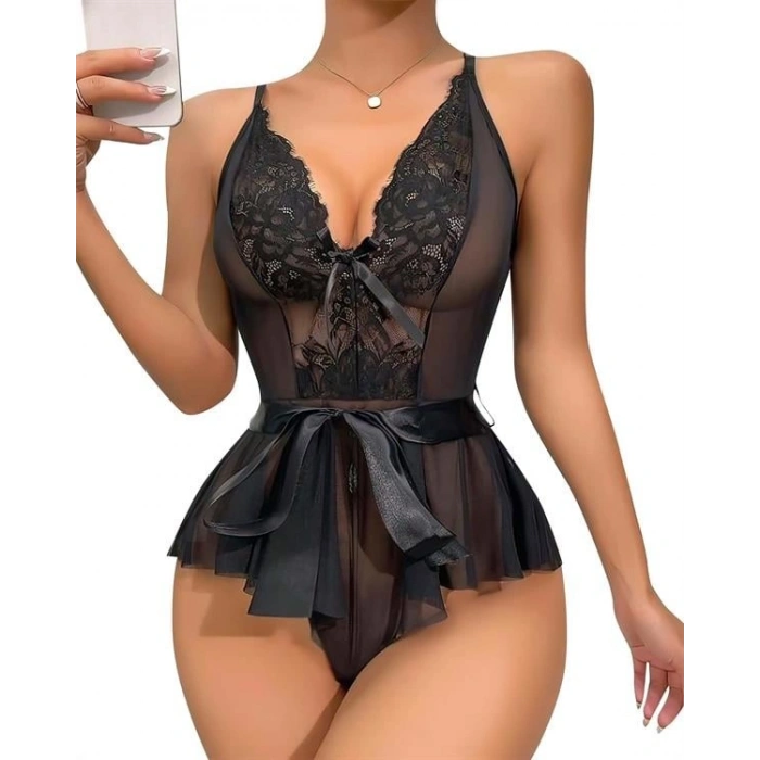 VipMarketim Siyah Dantel İşlemeli Kurdelalı Fantezi Tül Babydoll