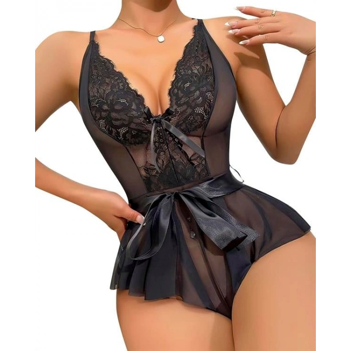 VipMarketim  Siyah Dantel İşlemeli Kurdelalı Fantezi Tül Babydoll