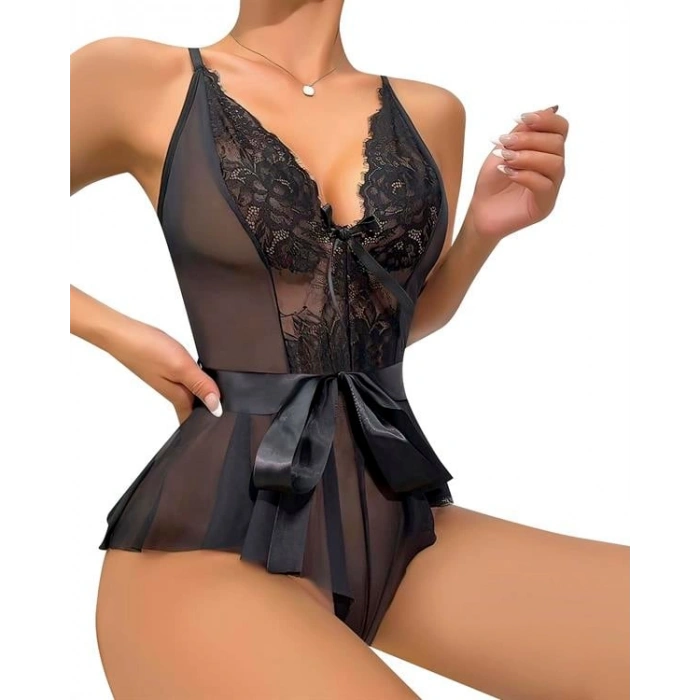 VipMarketim Siyah Dantel İşlemeli Kurdelalı Fantezi Tül Babydoll