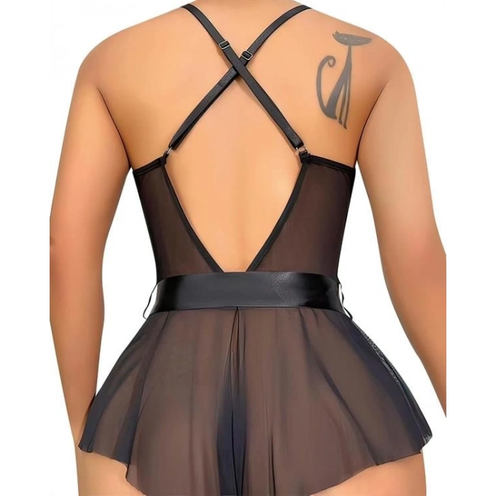 VipMarketim Siyah Dantel İşlemeli Kurdelalı Fantezi Tül Babydoll