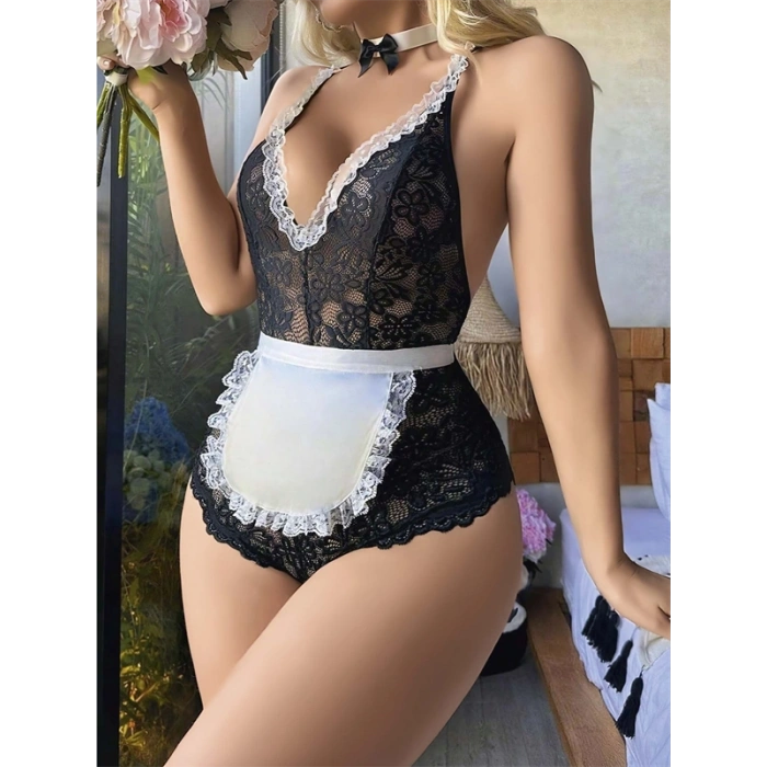 Vipmarketim Siyah Dantel İşlemeli Kurdelalı Fransız Hizmetçi Kostümü