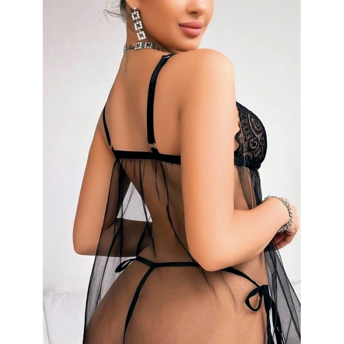 VipMarketim  Siyah Dantel İşlemeli Önden Bağlamalı Fantezi Şık Tül Gecelik