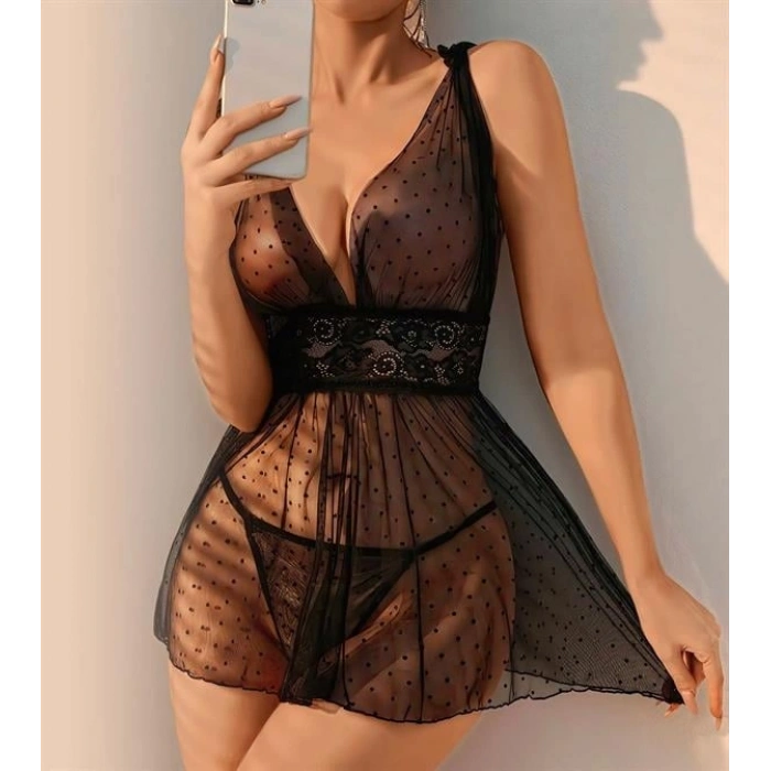 VipMarketim Siyah Dantel İşlemeli Puantiyeli Tül Fantezi Gecelik